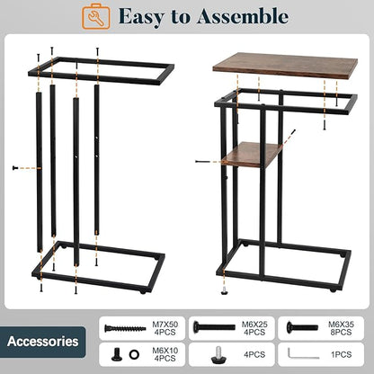 Yoobure C Table End Table Set of 2, Side Tables Living Room, C Shaped Side Table, Couch Tables That Slide Under Couch Table with Metal Frame, Rustic Snack Table for Bedroom/Small Spaces Large Desktop