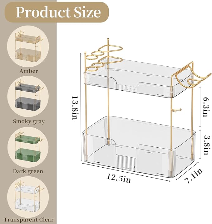 Bathroom Counter Organizer with Hair Dryer Holder, Hair Tool Countertop Storage, Cosmetics Skincare Shelf Organizer, Makeup Organizer Perfume for Dresser Vanity Tray(2 Tier-White)