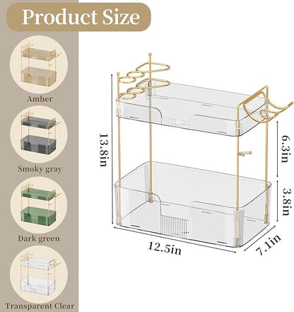 Bathroom Counter Organizer with Hair Dryer Holder, Hair Tool Countertop Storage, Cosmetics Skincare Shelf Organizer, Makeup Organizer Perfume for Dresser Vanity Tray(2 Tier-White)