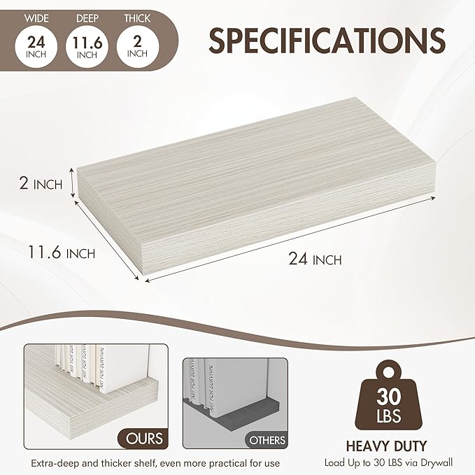 24 Inch Floating Shelves, 12" Deep Floating Shelf Wall Mounted, 24" Wall Shelves, Rustic Deep Bookshelf, Extra Deeper & Thicker Display Shelves for Bedroom, Living Room, Gray, Set of 2