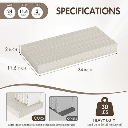 24 Inch Floating Shelves, 12" Deep Floating Shelf Wall Mounted, 24" Wall Shelves, Rustic Deep Bookshelf, Extra Deeper & Thicker Display Shelves for Bedroom, Living Room, Gray, Set of 2