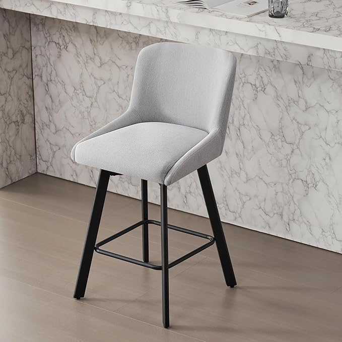 Swivel Bar Stools Set of 3, 26''H Upholstered Barstools with Backs, Modern Counter Height Bar Stool Chairs for Kitchen Island, Metal Legs, Light Gray Fabric Counter Stools