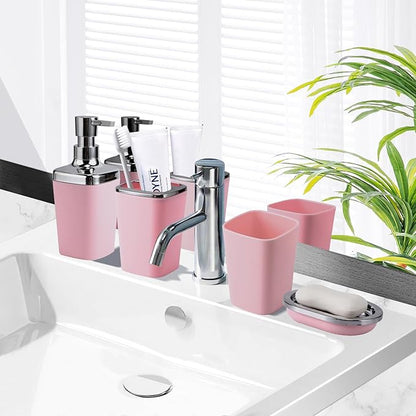 Pink Bathroom Accessories Set, 9PCS Pink Bathroom Accessory Sets Complete with Trash Can, Tray,Soap Dispenser,Soap Dish,Toothbrush Holder,Cup,Toilet Brush and Qtip Holders for Housewarming