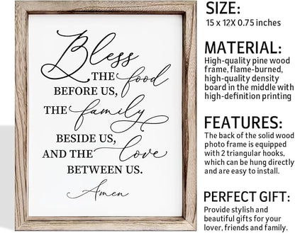 Christian Wooden Wall Sign, Dining Room Decors, Farmhouse Decor for Kitchen, Rustic Home Decor, Framed Wall Plaque Sign 15 * 11.5 inches, Bless the Food Before Us