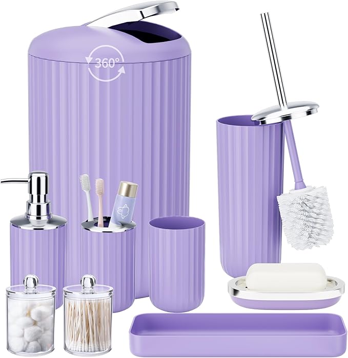 9PCS Purple Bathroom Accessories Set Complete with Trash Can, Vanity Tray, Soap Dispenser, Soap Dish, Toothbrush Holder, Toothbrush Cup, Toilet Brush and Qtip Holders