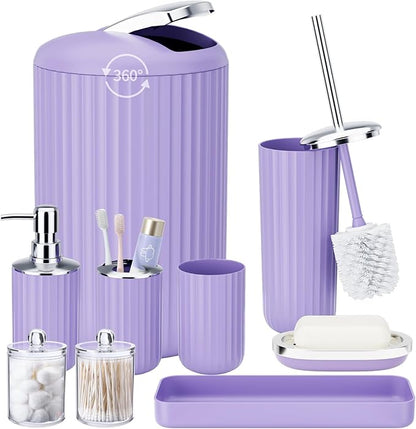 9PCS Purple Bathroom Accessories Set Complete with Trash Can, Vanity Tray, Soap Dispenser, Soap Dish, Toothbrush Holder, Toothbrush Cup, Toilet Brush and Qtip Holders