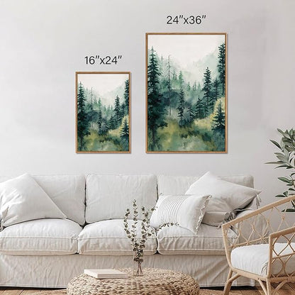Tinonedraw Misty Forest Framed Canvas Wall Art Set, Modern Pine Trees Wall Painting, Watercolor Nature Foggy Landscape Wall Decor, Neutral Mountain ArtWork for Bedroom Living Room and Office 24"x36"x3