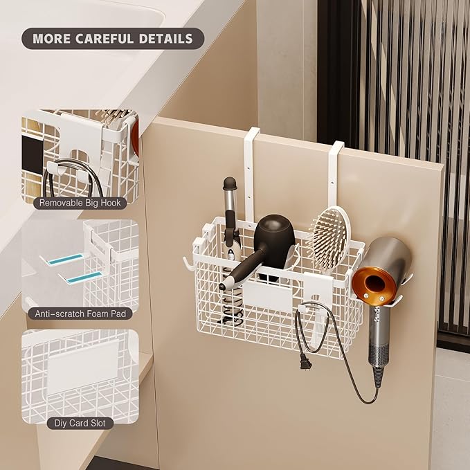 2 Pack Hair Tool Organizer,Adhesive Hair Dryer Holder Cabinet Door/Wall Mounted Adjustable Height Blow Dryer Holder Under Sink Bathroom Hair Appliance Organizer and Storage Countertop(White)