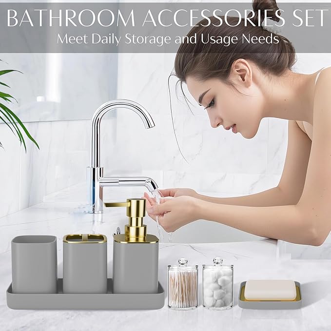 9PCS Bathroom Accessory Set, Grey Bathroom Set with Large-Capacity 4 Gallon Trash Can, Bathroom Accessories Set Complete, Toothbrush Holder, Soap Dispenser, Toilet Brush, Bathroom Decor