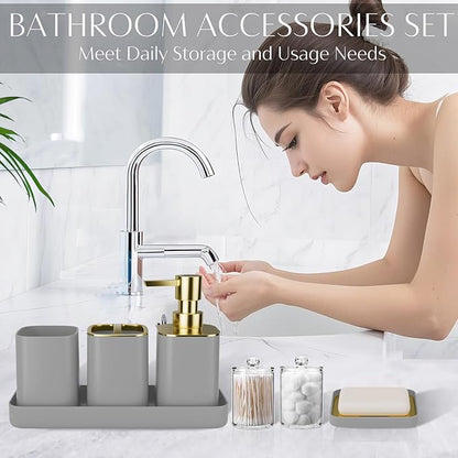 9PCS Bathroom Accessory Set, Grey Bathroom Set with Large-Capacity 4 Gallon Trash Can, Bathroom Accessories Set Complete, Toothbrush Holder, Soap Dispenser, Toilet Brush, Bathroom Decor