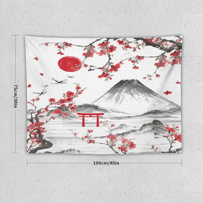 Red Cherry Blossoms Tapestry, Japanese Fuji Mountain Tapestry, Asian Japanese Wall Tapestry, Nature Landscape Tapestries for Bedroom Living Room Decor 40"x30"