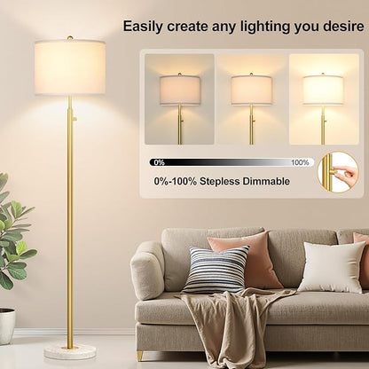 【Upgraded】Dimmable Gold Floor Lamps for Living Room, 11W LED Bulb Included, Modern Standing Lamp with Marble Base, Tall Pole Light with White Linen Shade for Bedroom Reading Office Corner Nursery