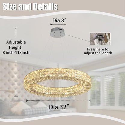 Dia 32" Ring Crystal Chandelier Modern Silver Ring Chandelier Adjustable Height Luxury Crystal Pendant Ceiling Light Fixture for Dining Living Room Bedroom