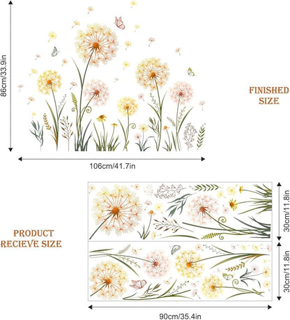 Dandelion Flower Butterfly Wall Decals Gold Dandelion Plants Floral Wall Stickers Peel and Stick Vinyl Wall Art Decor for Living Room Bedroom Office TV Sofa Backdrop Home Decor Gifts for Mom