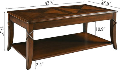 Solid Wood Coffee Table with Storage Shelf, Mid-Century Living Room Tables with Carved Tabletop and Leg, 43.3” Splicing Cocktail Center Sofa Table, Cherry Brown KFZ-DR200