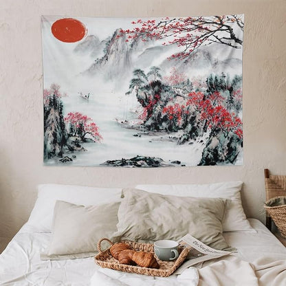 Cherry Blossoms Tapestry, Japanese Red Landscape Asian Watercolor Abstract Art, Bedroom Living Room Decor 40"x30"