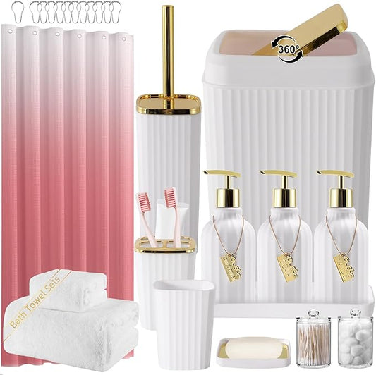 32PCS Bathroom Accessories Set Bathroom Set,White Shower Curtain Set,Bath Towel Set,Hand Towel,Toilet Brush,Trash Can & 3PCS Soap Dispenser