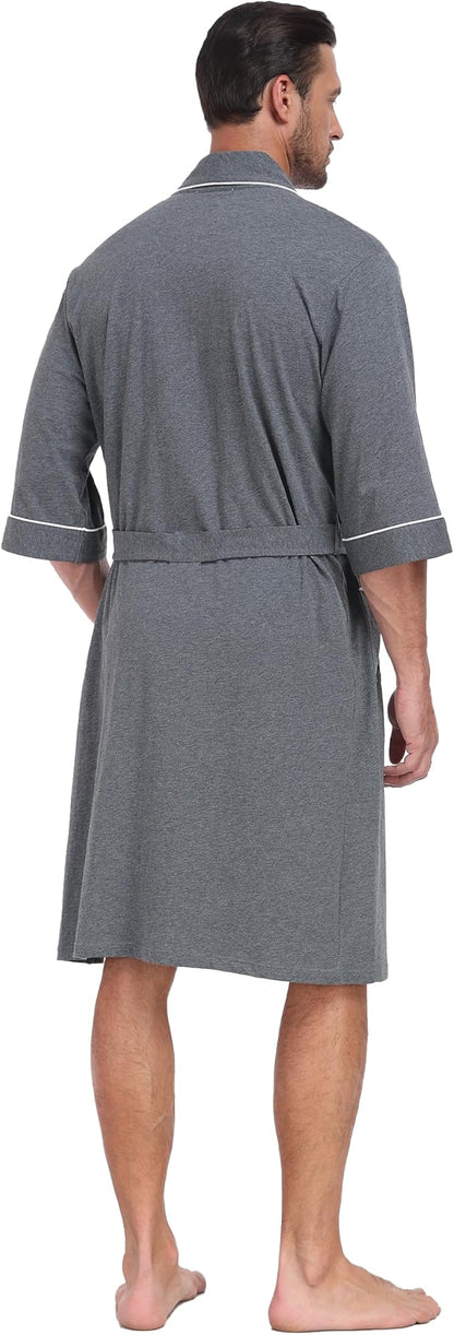 CF Men's Robe Cotton Bathrobe Soft Short Sleeve Bath Robes Shower Robe for Spa Soft Kimono Lightweight Sleepwear with Pockets