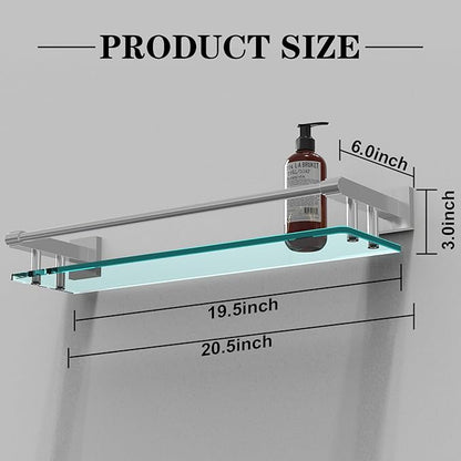 20 Inches Glass Shelf for Bathroom, Brushed Nickel Glass Shelves for Wall with Smooth Stainless Steel Railing, Modern Tempered Glass Organizer Shelf