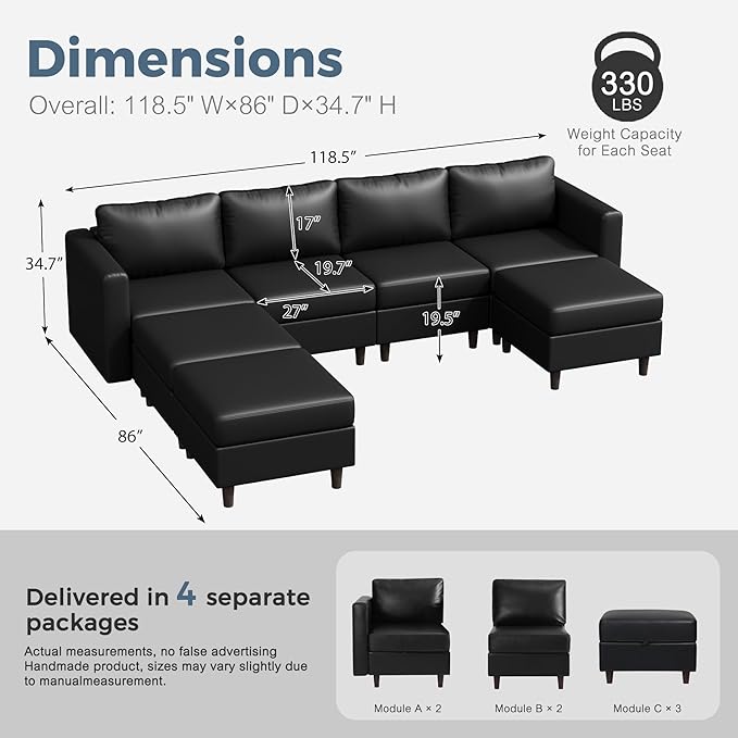 ABCASA 118.5" Faux Leather Modular Sectional Sofa, 7 Seater U Shaped Couch with Storage Seat with Reversible Chaise Deep Seat for Living Room Black