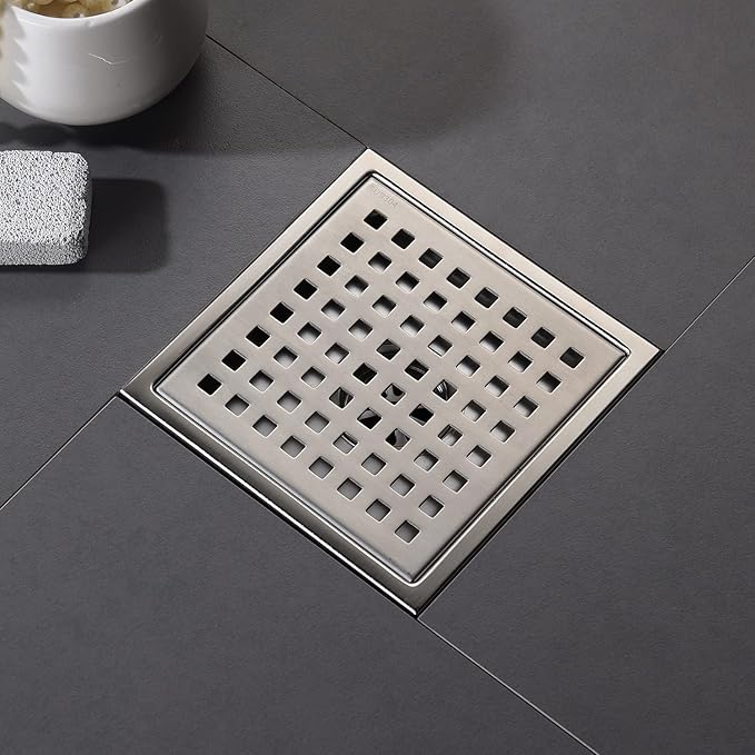 6 Inch Shower Drain Black Matte with Adjustable Shower Drain Base Flange SUS304 Stainless Steel Floor Drain Cover Removable Mesh Grille