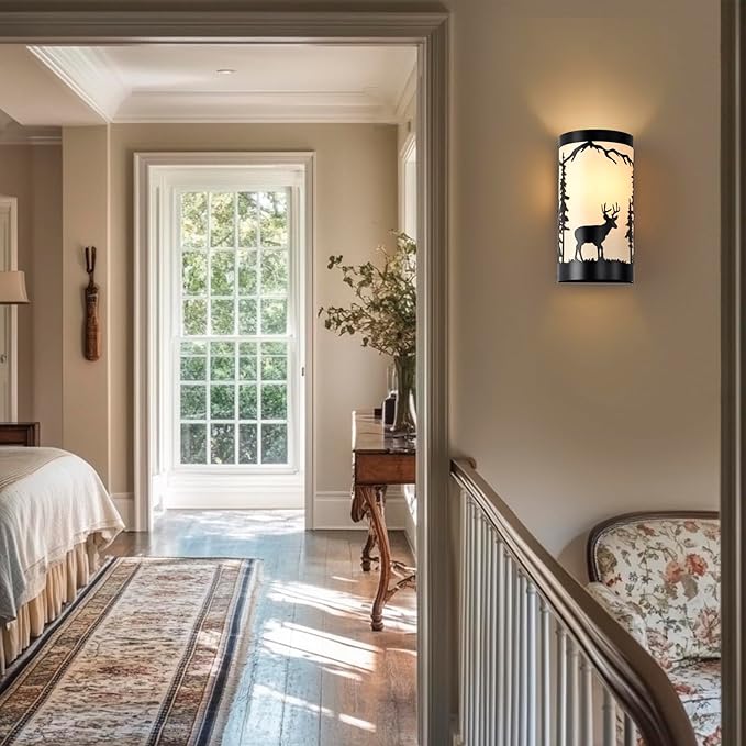 Wall Light Fixtures,Deer Cream White Parchment Rustic Wall Sconces,Farmhouse E26 Base Wall Sconce Light,Industrial Metal Black Sconce,Wall Lamps for Bedroom,Living Room,Hallway,Stairway