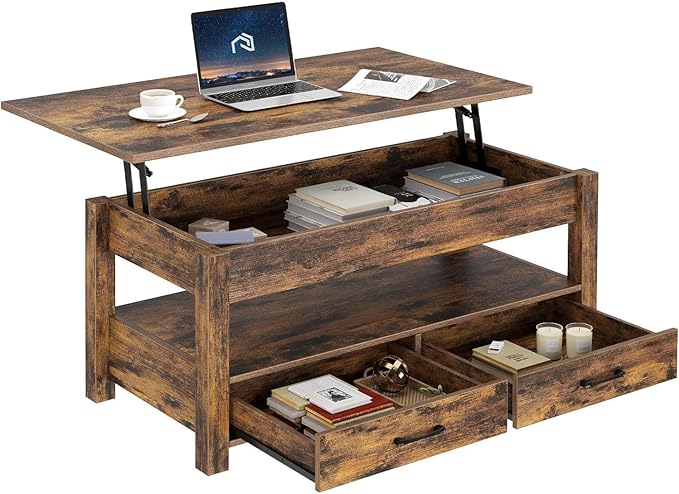 Rolanstar Coffee Table, Lift Top Coffee Table with Drawers and Hidden Compartment, Retro Central Table with Wooden Lift Tabletop, for Living Room,Rustic Brown
