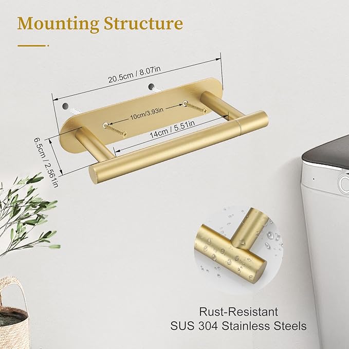 Brushed Gold Toilet Paper Holder, Upgraded SUS304 Stainless Steel Toilet Roll Holder, Modern Double Base Paper Towel Holder Wall Mount for Bathroom, Kitchen, Washroom