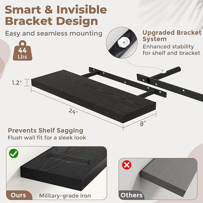 24 Inch Floating Shelves for Wall Set of 2, 8"D Wood Grain Bathroom Shelves with Invisible Brackets, Easy Install Engineered Wood Storage Shelves for Kitchen, Living Room, Bedroom, Black Finish