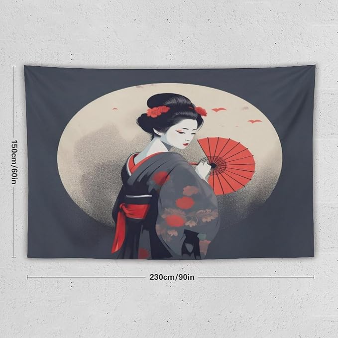 Japanese Woman Geisha Tapestry Asian Red Cherry Blossom Red Sun Traditional Kimono Folk Tapestries Home Decor for Living Room Bedroom Apartment Farmhouse Dorm 90"x60"