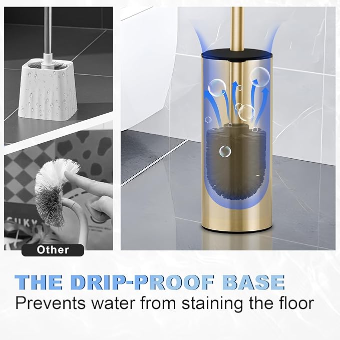 Toilet Brush and Holder Set, NEWRAIN 304 Stainless Steel Toilet Brush with Long Brush Handle, Brushed Gold Toilet Scrubber and Covered Holder, Round Design Sturdy and Space Saving, Covered Brush