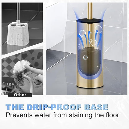 Toilet Brush and Holder Set, NEWRAIN 304 Stainless Steel Toilet Brush with Long Brush Handle, Brushed Gold Toilet Scrubber and Covered Holder, Round Design Sturdy and Space Saving, Covered Brush