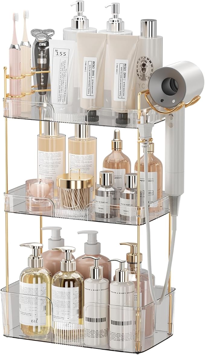 Bathroom Counter Organizer with Hair Dryer Holder, Hair Tool Countertop Storage, Cosmetics Skincare Shelf Organizer, Makeup Organizer Perfume for Dresser Vanity Tray(3 Tier-White)