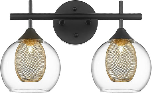 Black and Gold Bathroom Light Fixture, Farmhouse Wall Sconce Lighting with Clear Glass and Honeycomb Metal Shade, 2-Light Black Brass Vanity Light Over Mirror, AD-22001-2W-BK