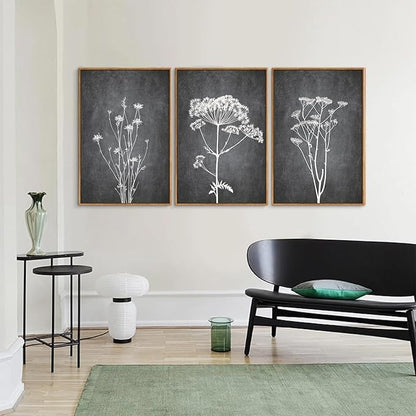 Tinonedraw Black and White Botanical Framed Canvas Wall Art Set, Vintage Floral Wall Decor, Dark Academia Minimalist Plant Art Paintings, Abstract Wildflower Art Print for Living Room Bedroom 16"x24"x3