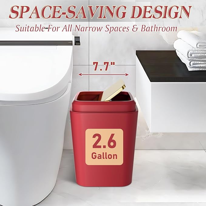 Dark Red Bathroom Accessory Set, 9-Piece Burgundy Bathroom Set with Trash Can, Toothbrush Holder, Toothbrush Cup,Soap Dispenser,Soap Dish,Toilet Brush Holder,2 Qtip Holder Dispensers and Tray