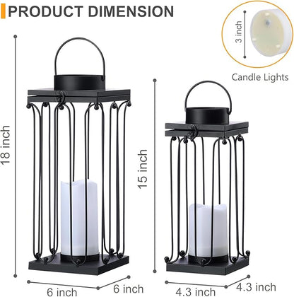 Solar Lantern Decorative Outdoor Set of 2 (18’’ & 15’’) Modern Black Metal Lanterns with Solar Candles, Decorative Candle Lanterns for Outdoor Porch, Patio, Garden, Yard Decor
