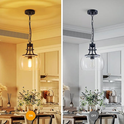 WUZUPS Chandelier Rustic Farmhouse Industrial Round Ceiling Pendant LED Light Fixture with Clear Glass Shades for Dining Room Kitchen Island Foyer Entryway, H 13" x W 10", E26 Base, Black