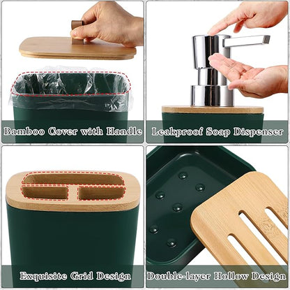 Bathroom Sets with Shower Curtain and Rugs, 27PCS Dark Green Bathroom Accessories Set with Trash Can, Green Shower Curtain Set, No Slip Super Absorbent Bathroom Rugs