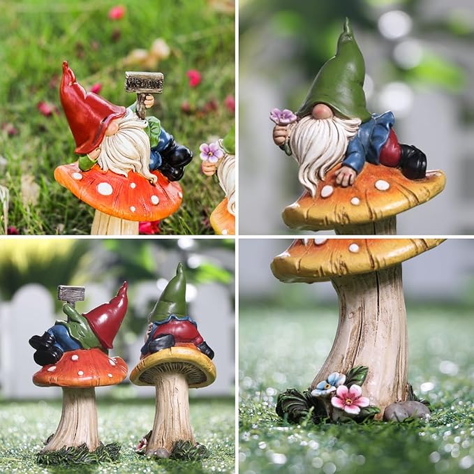 TERESA'S COLLECTIONS Garden Gnomes on Mushroom, Set of 2 Cute Resin Gnome Statues for Yard, Outdoor Patio Porch Lawn, Ideal Gift for Dad Mom Birthday, Outside Decor Housewarming Gifts