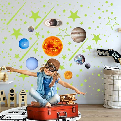 Quanhaigou Glow in The Dark Stars and Planets, Bright Solar System Wall Stickers -Glowing Ceiling Decals for Kids Room,Shining Space Decoration
