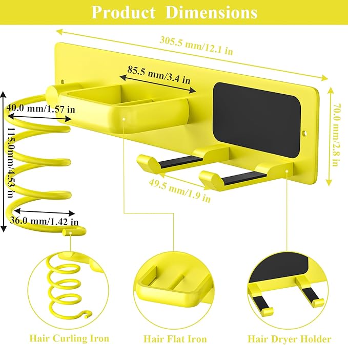 Tindbea Hair Dryer Holder Curling Iron Holder Flat Iron, Blow Dryer Holder Wall Mount, 3 in 1 Bathroom Hair Tool Organizer Rack for Universal Dryer, Bright Yellow