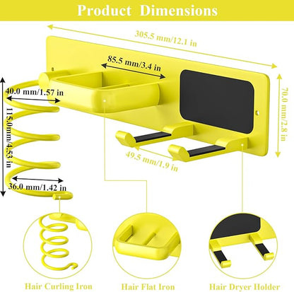 Tindbea Hair Dryer Holder Curling Iron Holder Flat Iron, Blow Dryer Holder Wall Mount, 3 in 1 Bathroom Hair Tool Organizer Rack for Universal Dryer, Bright Yellow