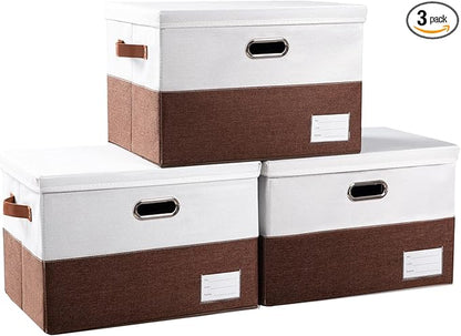 PRANDOM Foldable Storage Bins with Lids [3-Pack] Fabric Collapsible Storage Boxes Baskets Cubes Containers with Handles for Closet Living Room Bedroom (Brown & White 17.7x11.8x11.8'')