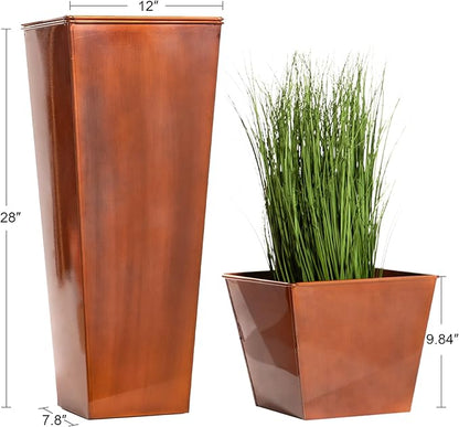 28in Tall Metal Copper Square Planter Galvanized Steel Metal Planters for Indoor/Patio Deck Garden Entrance Planter