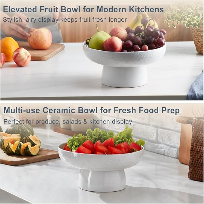 ONEMORE Ceramic Fruit Bowl, 10" Large White Removable Pedestal Bowl for Kitchen Counter, Modern Footed Fruit Bowl with Draining Holes, Decorative Fruit Bowls for Vegetables, Snacks, Candies