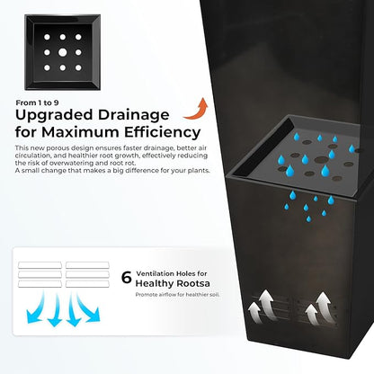 Worth Garden 28" H. Large Metal Glazed Planter Set of 2, Modern Glossy Finish Black Tall Square Tapered Steel Flower Plant Pots for Indoor & Outdoor Use - Insert Plate with Drain Holes, Air Vents