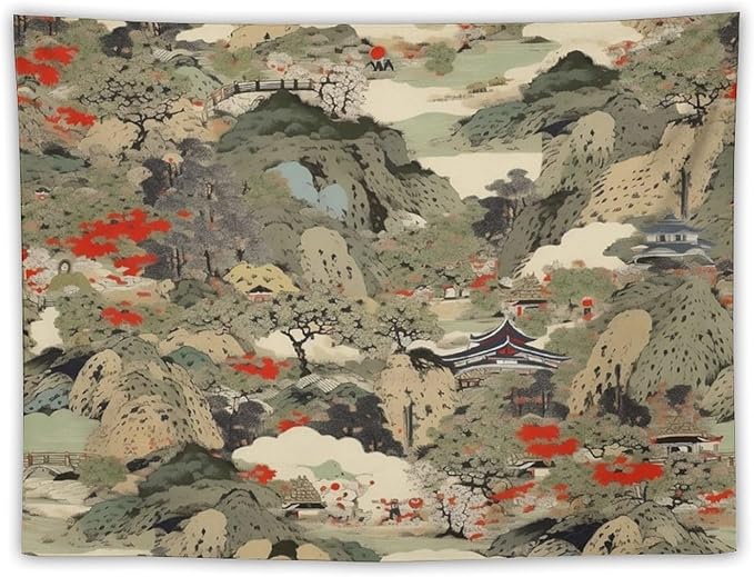 Asian Tapestry, Japanese Red Landscape, Bedroom & Living Room Decor, 40"x30"
