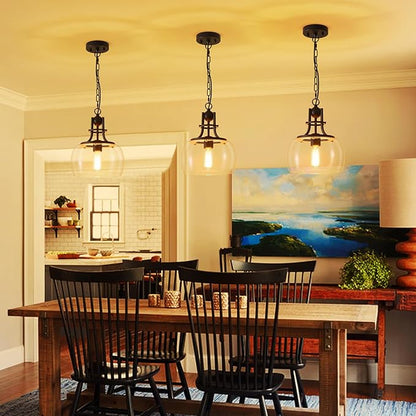 WUZUPS Chandelier Rustic Farmhouse Industrial Round Ceiling Pendant LED Light Fixture with Clear Glass Shades for Dining Room Kitchen Island Foyer Entryway, H 13" x W 10", E26 Base, Black