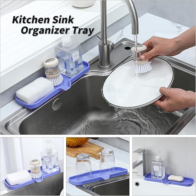 Silicone Bathroom Soap Dishes with Drain Spout-Bathroom and Kitchen Sink Organizer,Sponge Holder,Dish Soap Tray,Perfect for Dispenser,Scrubber,Bottle on Sink or Counter-Light Purple 12"×4"
